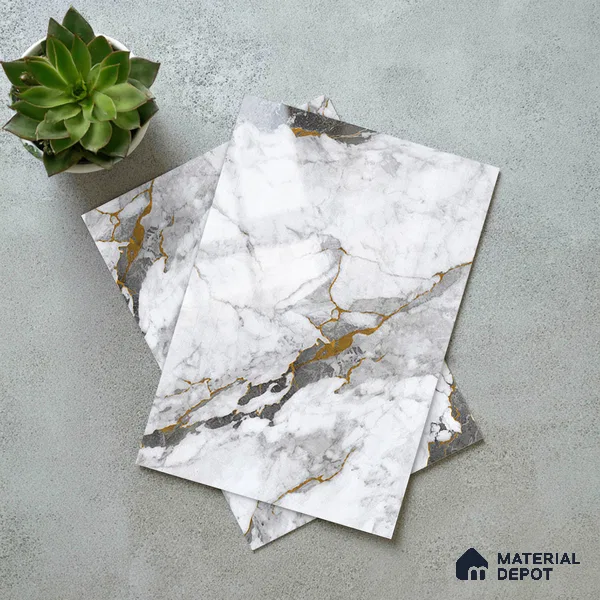 White Marble Look LM 23344 Goldine Ravine 8 ft x 4 ft High Gloss Finish 6H Anti Scratch Acrylic Laminate - 1.5 mm | Suitable for Kitchen Cabinet, TV Unit, Wardrobe