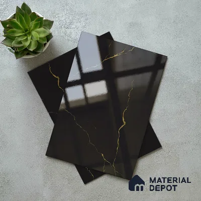 Black Marble Look LM 23347 Golden Rift 8 ft x 4 ft High Gloss Finish 6H Anti Scratch Acrylic Laminate - 1.5 mm | Suitable for Kitchen Cabinet, TV Unit, Wardrobe
