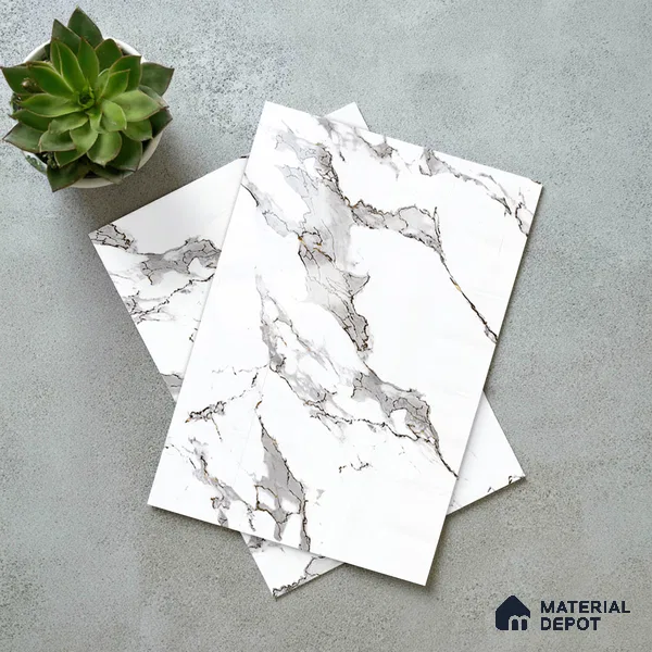White Marble Look LM 23350 Luna Carrara 8 ft x 4 ft High Gloss Finish 6H Anti Scratch Acrylic Laminate - 1.5 mm | Suitable for Kitchen Cabinet, TV Unit, Wardrobe