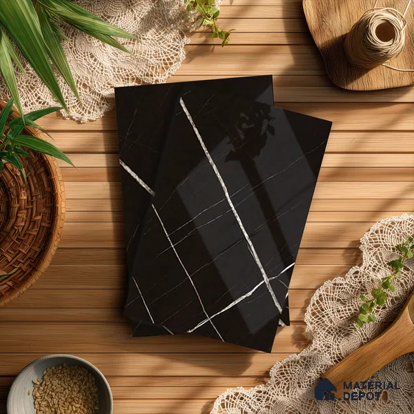 Black Marble Look LM 10896 8 ft x 4 ft Glossy Finish Decorative Laminate - 1 mm | Suitable for TV Unit, Wardrobe, Kitchen Cabinets