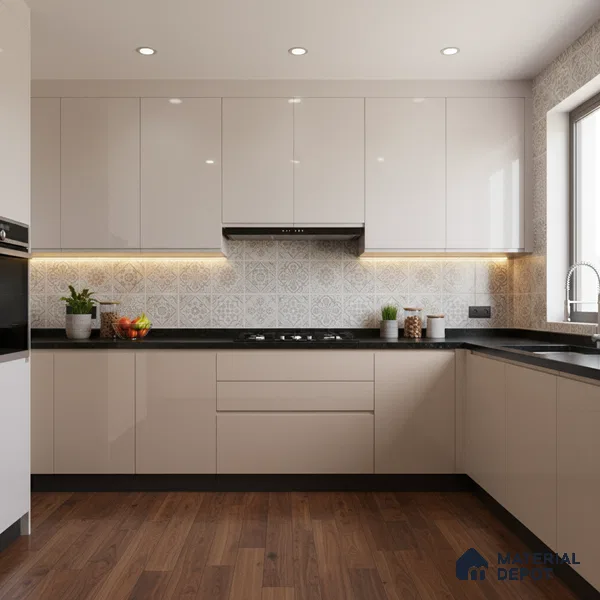 Ferrero 1B 0849 Earthy Sand 8 ft x 4 ft Solid Series High Gloss Finish Acrylic Laminate - 1.5 mm (LM 01145) | Matching Edgeband Code - 849 | Suitable for Kitchen Cabinets, Study Areas, Wardrobe