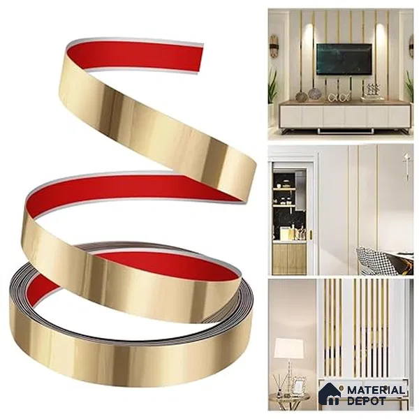 Self Adhesive Peel & Stick Strip Brush Gold Matte Finish Edgeline PM 00291 T | 5 mtr x 50 x 0.3 mm | Adhesive Type Installation | Suitable for Floor & Walls