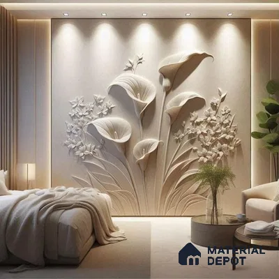 Duco Paintable Serene Lotus Bas-Relief Wall 3 D Design 8 ft x 6 ft CNC Made HDHMR Panel - 60 mm