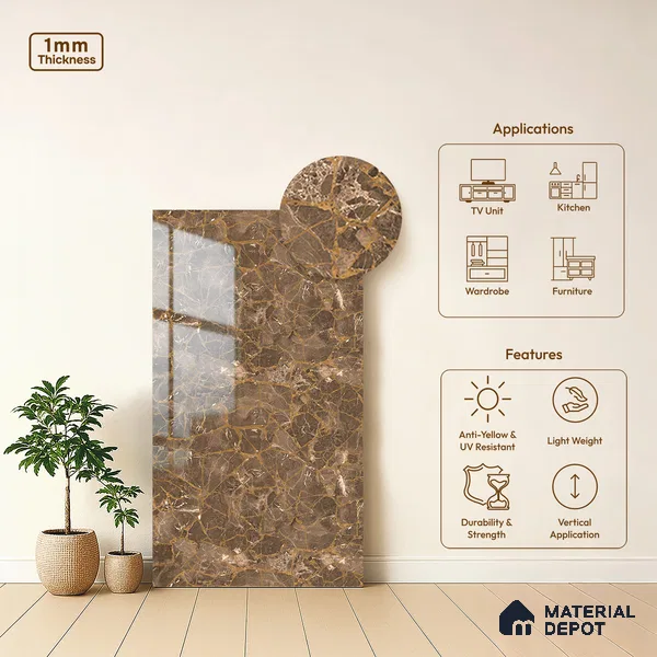 LM 21110 Mystro Goldine Marble High Gloss Finish 8 ft x 4 ft Decorative Laminate - 1 mm | Suitable for TV Unit, Wardrobe, Kitchen Cabinets