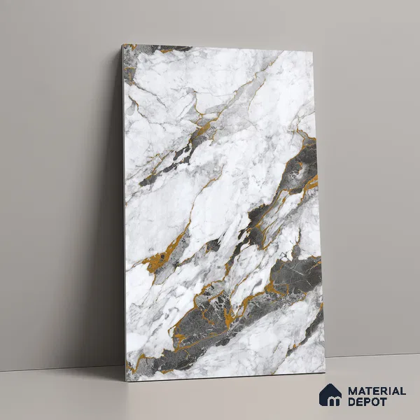 White Marble Look LM 23344 Goldine Ravine 8 ft x 4 ft High Gloss Finish 6H Anti Scratch Acrylic Laminate - 1.5 mm | Suitable for Kitchen Cabinet, TV Unit, Wardrobe