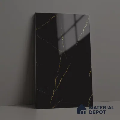 Black Marble Look LM 23347 Golden Rift 8 ft x 4 ft High Gloss Finish 6H Anti Scratch Acrylic Laminate - 1.5 mm | Suitable for Kitchen Cabinet, TV Unit, Wardrobe