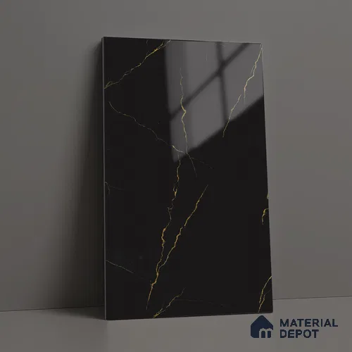 Black Marble Look LM 23347 Golden Rift 8 ft x 4 ft High Gloss Finish 6H Anti Scratch Acrylic Laminate - 1.5 mm | Suitable for Kitchen Cabinet, TV Unit, Wardrobe