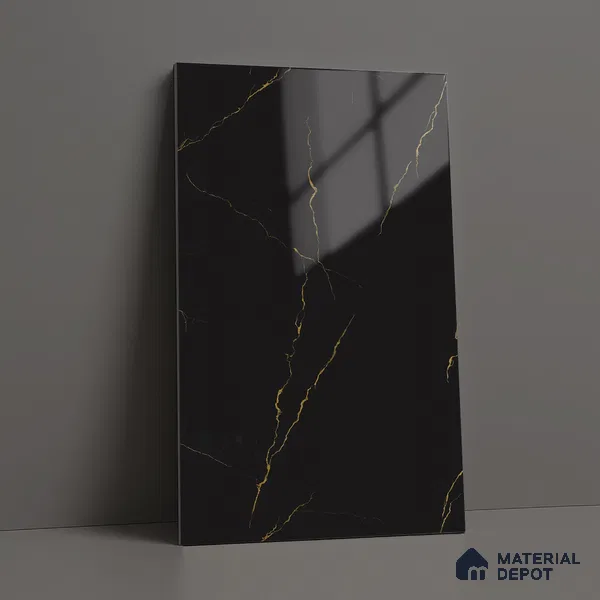 Black Marble Look LM 23347 Golden Rift 8 ft x 4 ft High Gloss Finish 6H Anti Scratch Acrylic Laminate - 1.5 mm | Suitable for Kitchen Cabinet, TV Unit, Wardrobe