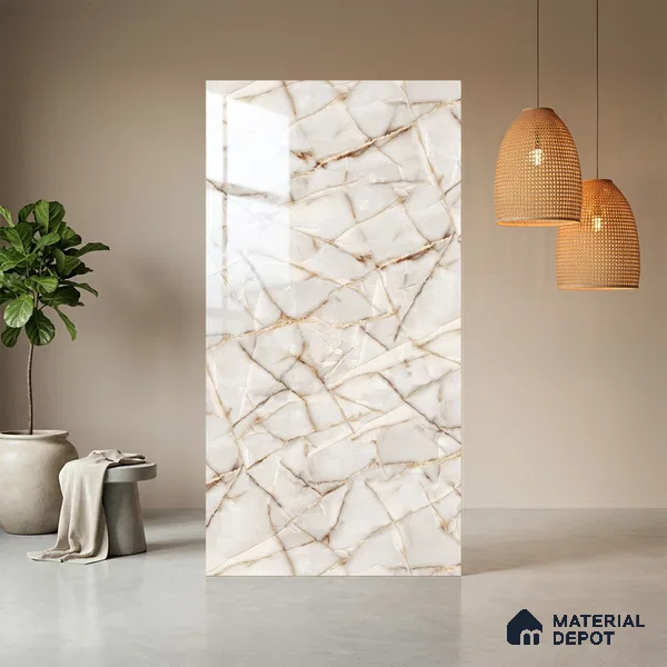 Beige Marble Look LM 06182 8 ft x 4 ft Glossy Finish Decorative Laminate - 1 mm | Suitable for TV Unit, Wardrobe, Kitchen Cabinets