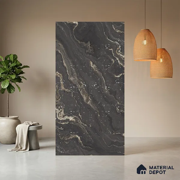 Black Marble Look LM 06190 8 ft x 4 ft Texture Finish Decorative Laminate - 1 mm | Suitable for TV Unit, Wardrobe, Kitchen Cabinets