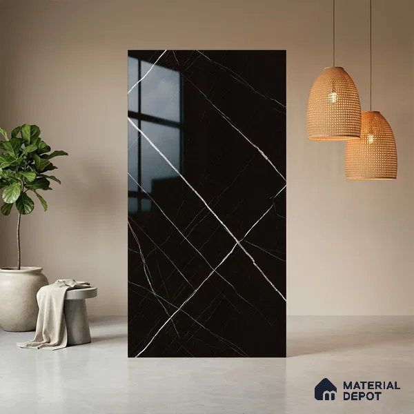 Black Marble Look LM 10896 8 ft x 4 ft Glossy Finish Decorative Laminate - 1 mm | Suitable for TV Unit, Wardrobe, Kitchen Cabinets