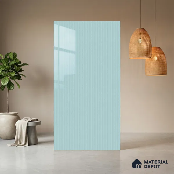 Powder Blue Fluted Solid Color LM 21365 8 ft x 4 ft High Gloss Finish Decorative Laminate - 1 mm | Suitable for TV Unit,Wardrobe, Kitchen Cabinets