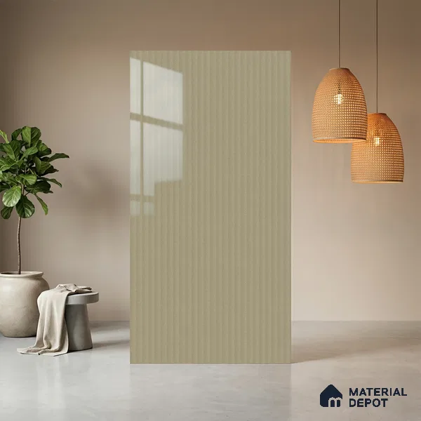 Light Taupe Brown Fluted Solid Color LM 21369 8 ft x 4 ft High Gloss Finish Decorative Laminate - 1 mm | Suitable for TV Unit,Wardrobe, Kitchen Cabinets