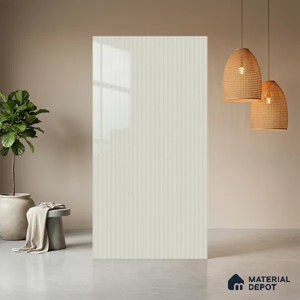 Pale Cream Fluted Solid Color LM 21371 8 ft x 4 ft High Gloss Finish Decorative Laminate - 1 mm | Suitable for TV Unit,Wardrobe, Kitchen Cabinets
