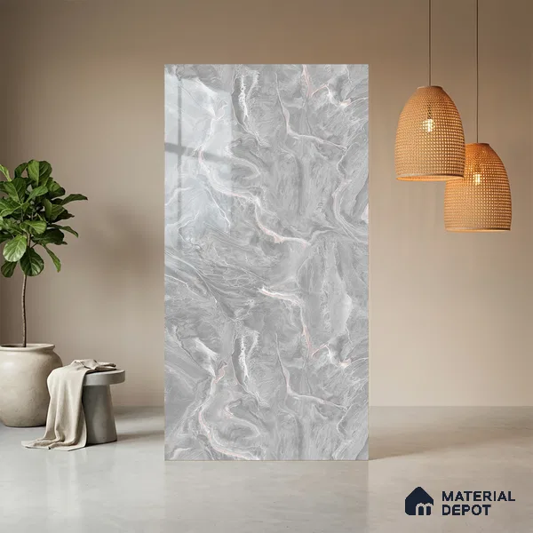 Grey Marble Look LM 21396 8 ft x 4 ft High Gloss Finish Decorative Laminate - 1 mm | Suitable for TV Unit, Wardrobe, Kitchen Cabinets