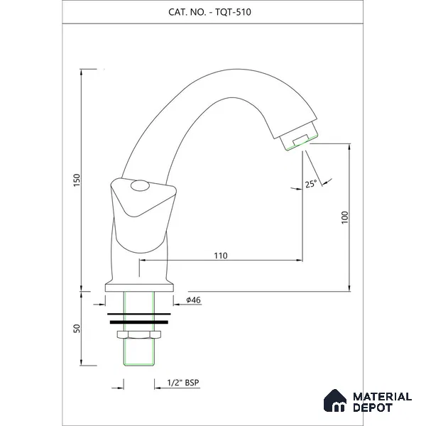 TQT-510A Tropical Quarter Turn Swan Neck Tap With Right Hand Operating Knob With Aerator