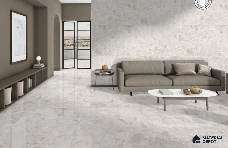 Budget Friendly Large Format Marble Floor & Wall Tile TL 01464 Foster Gray 6 ft x 4 ft Glossy Finish Vitrified Tile - 9 mm | Suitable For Living Room, Bedroom, Office | Adhesive and Spacers Must be Used During Installation