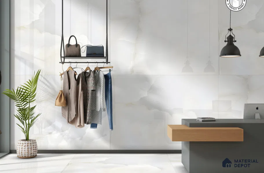Large Format Marble Floor & Wall Tile TL 01468 Praga Onix White 6 ft x 4 ft Glossy Finish Vitrified Tile - 9 mm | Suitable For Living Room, Bedroom, Office | Adhesive and Spacers Must be Used During Installation