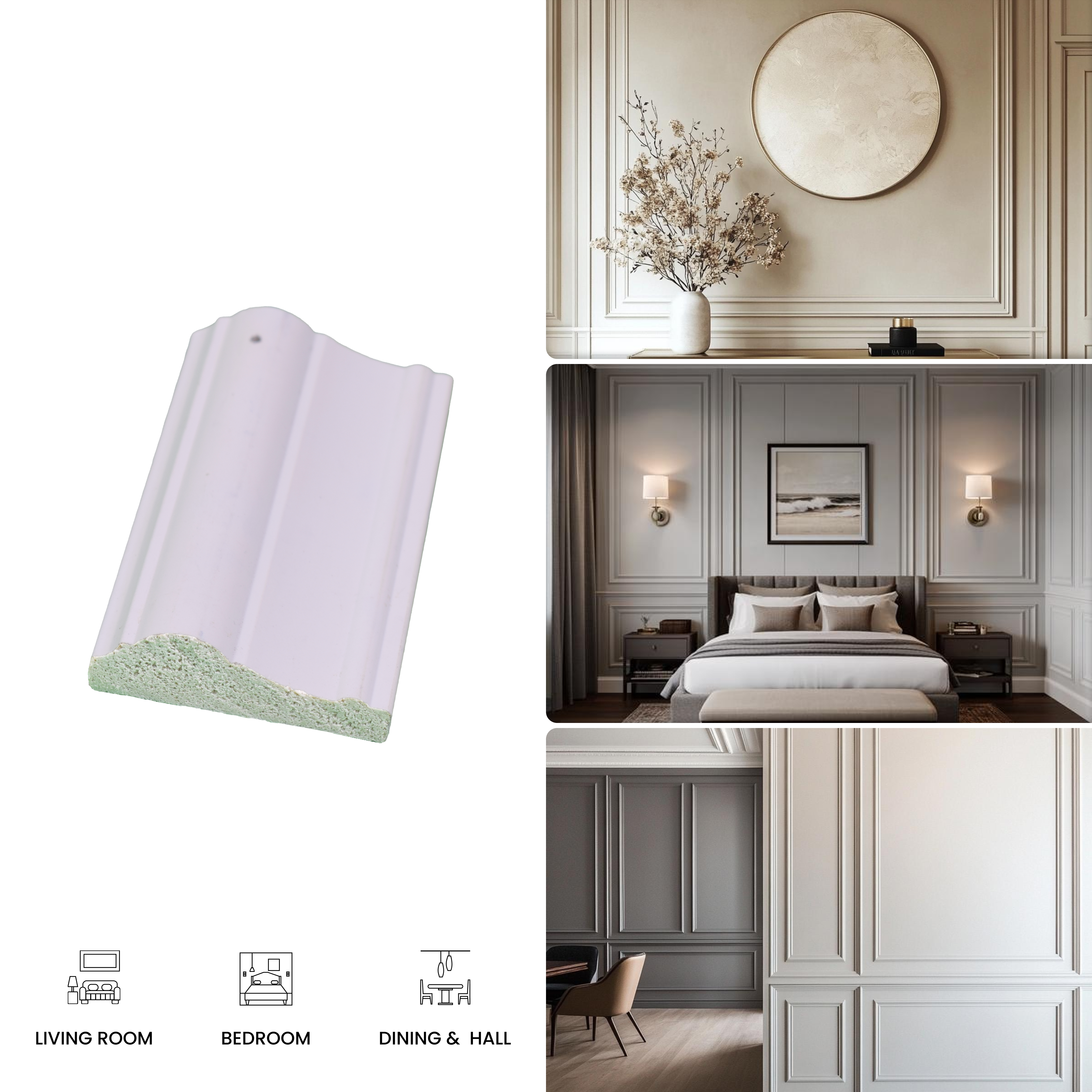 Paintable DIY Finished PVC / Charcoal Designer Wainscot French Wall Moulding Design 1 Crystalon PM 00283 | 8 ft x 65 mm x 18 mm | Nail & Adhesive Installation