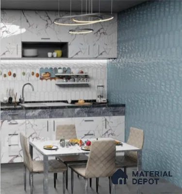 TL 00627 C Highlighter 2 White & Teal Blue 12 x 18 inch Glossy Finish 3D High Definition Digital Subway Ceramic Wall Tile - 6 mm