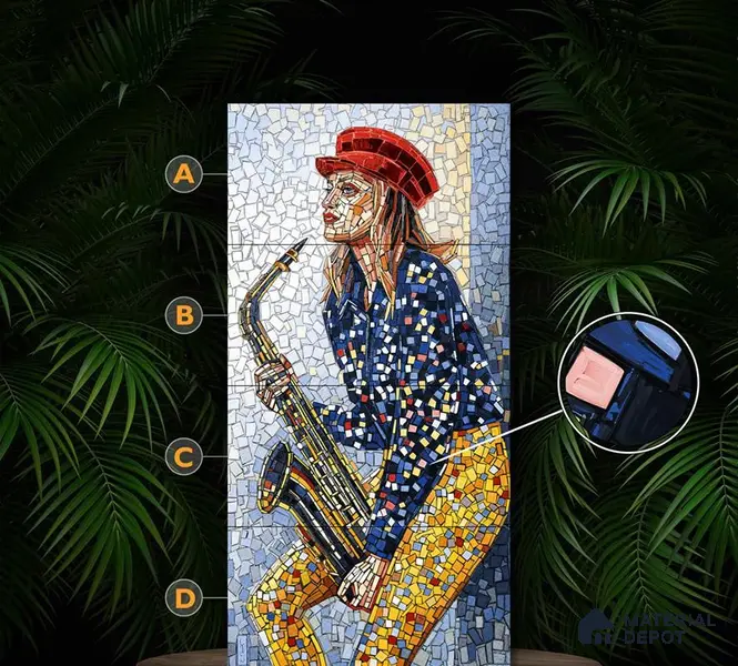 Faux Mosaic Mural Poster Wall Tile TL 10606 Trumpet Lady 4 ft x 2 ft Vitrified Glossy Punch Finish - 9 mm | Suitable For Living Room, Bedroom & Office