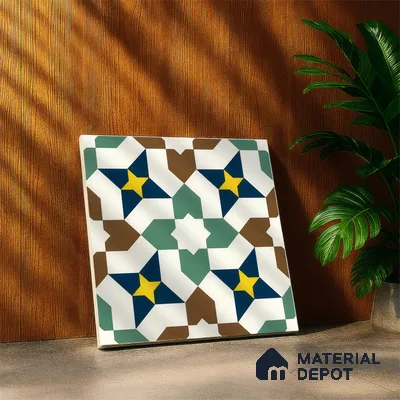 Moroccan Floor & Wall Tile TL 07316 Retro Star 1 ft x 1 ft Ceramic Matte Finish - 9 mm | Suitable For Kitchen, Bathroom, Living Area | Please Expect a Slight Variation of Pattern (Sample)