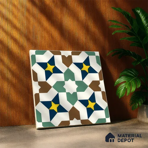 Moroccan Floor & Wall Tile TL 07316 Retro Star 1 ft x 1 ft Ceramic Matte Finish - 9 mm | Suitable For Kitchen, Bathroom, Living Area | Please Expect a Slight Variation of Pattern