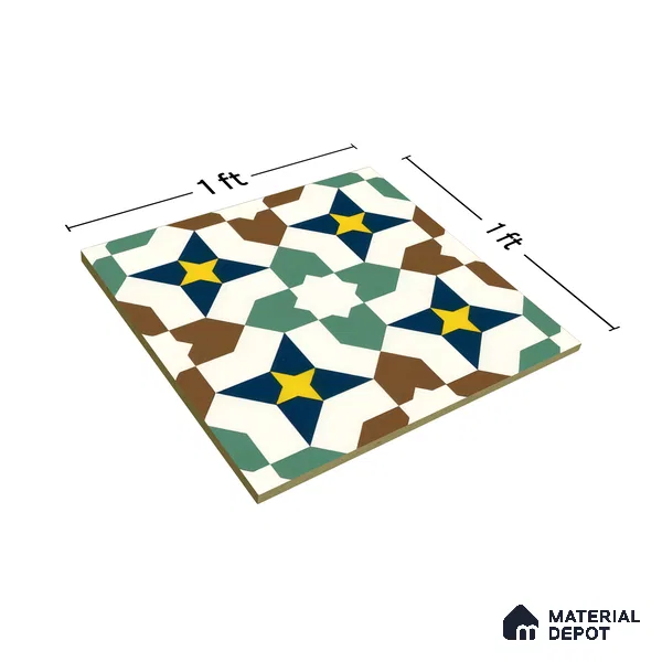 Moroccan Floor & Wall Tile TL 07316 Retro Star 1 ft x 1 ft Ceramic Matte Finish - 9 mm | Suitable For Kitchen, Bathroom, Living Area | Please Expect a Slight Variation of Pattern (Sample)