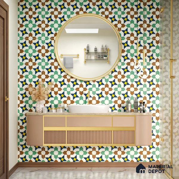Moroccan Floor & Wall Tile TL 07316 Retro Star 1 ft x 1 ft Ceramic Matte Finish - 9 mm | Suitable For Kitchen, Bathroom, Living Area | Please Expect a Slight Variation of Pattern (Sample)