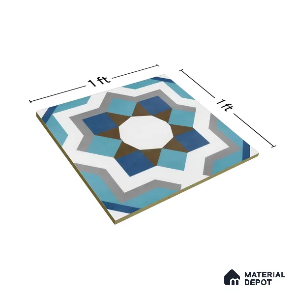 Moroccan Floor & Wall Athangudi Tile TL 07309 Cobalt Maze 1 ft x 1 ft Ceramic Matte Finish - 9 mm | Suitable For Kitchen, Bathroom, Living Area | Please Expect a Slight Variation of Pattern (Sample)