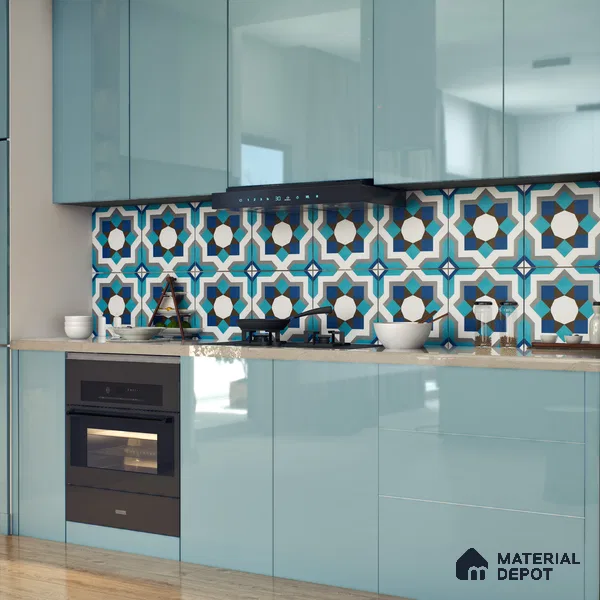 Moroccan Floor & Wall Athangudi Tile TL 07309 Cobalt Maze 1 ft x 1 ft Ceramic Matte Finish - 9 mm | Suitable For Kitchen, Bathroom, Living Area | Please Expect a Slight Variation of Pattern (Sample)