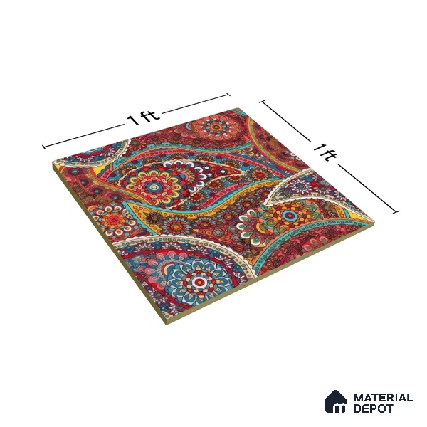 Moroccan Floor & Wall Tile TL 07319 Crimson Bloom 1 ft x 1 ft Ceramic Matte Finish - 9 mm | Suitable For Kitchen, Bathroom, Living Area | Please Expect a Slight Variation of Pattern (Sample)