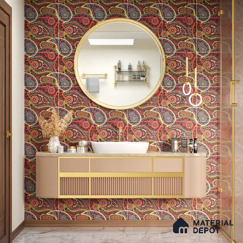 Moroccan Floor & Wall Tile TL 07319 Crimson Bloom 1 ft x 1 ft Ceramic Matte Finish - 9 mm | Suitable For Kitchen, Bathroom, Dining Area | Please Expect a Slight Variation of Pattern