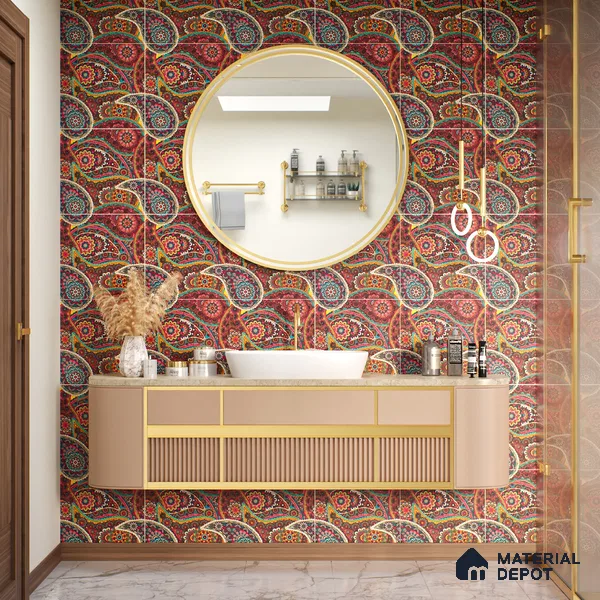 Moroccan Floor & Wall Tile TL 07319 Crimson Bloom 1 ft x 1 ft Ceramic Matte Finish - 9 mm | Suitable For Kitchen, Bathroom, Living Area | Please Expect a Slight Variation of Pattern (Sample)