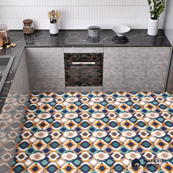 Moroccan Floor & Wall Tile TL 07314 Retro Curve 1 ft x 1 ft Ceramic Matte Finish - 9 mm | Suitable For Kitchen, Bathroom, Living Area | Please Expect a Slight Variation of Pattern (Sample)