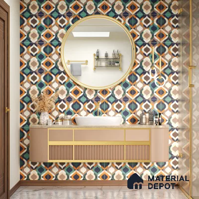 Moroccan Floor & Wall Tile TL 07314 Retro Curve 1 ft x 1 ft Ceramic Matte Finish - 9 mm | Suitable For Kitchen, Bathroom, Living Area | Please Expect a Slight Variation of Pattern (Sample)
