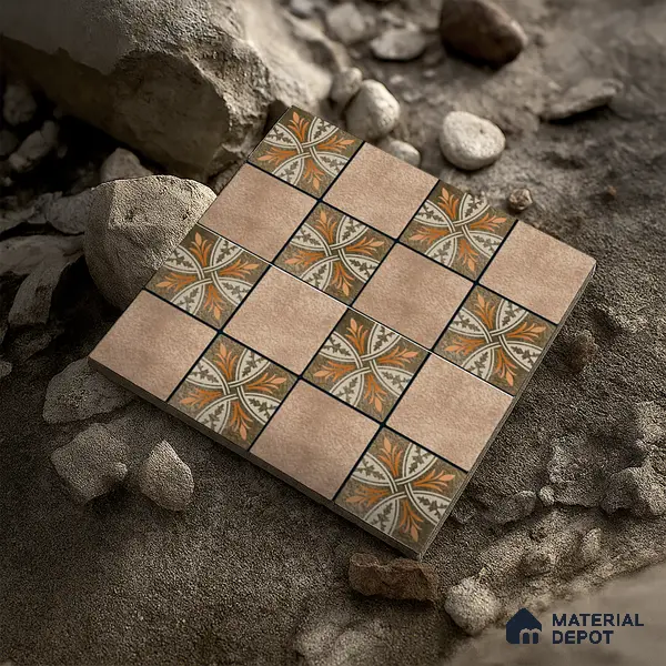 Parking Floor Tile TL 00417 Floral Brown 16 x 16 inch Vitrified Anti Skid Matte Finish Heavy Duty Tile - 12 mm | Suitable For Balcony, Terrace, Pathways | Pattern Alignment May Vary | 2-3 mm Spacer is Mandatory