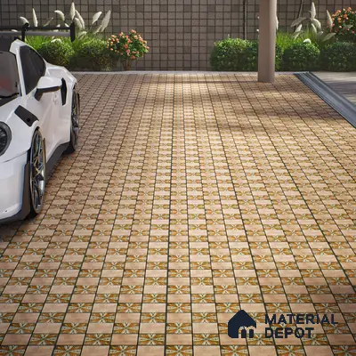 Parking Floor Tile TL 00417 Floral Brown 16 x 16 inch Vitrified Anti Skid Matte Finish Heavy Duty Tile - 12 mm | Suitable For Balcony, Terrace, Pathways | Pattern Alignment May Vary | 2-3 mm Spacer is Mandatory