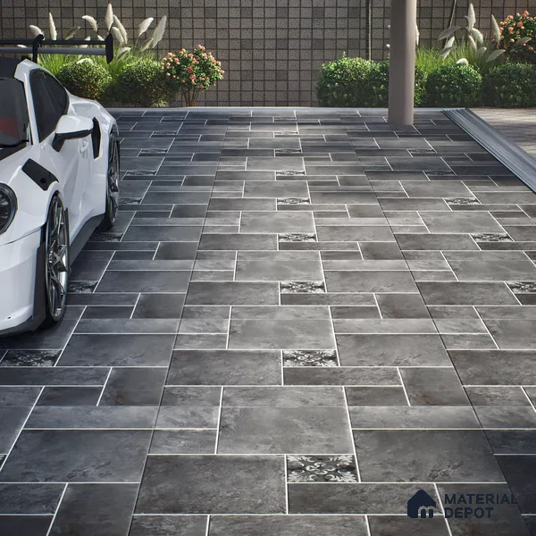 Stone Floor Tile TL 10092 Modulo Dark | 16 x 16 inch - 12 mm thick | Vitrified Anti Skid Matte Finish Heavy Duty Parking Tile | Ideal For Outdoor, High Traffic Areas, Terrace | Pattern Alignment May Vary | 2-3 mm Spacer is Mandatory (Sample)