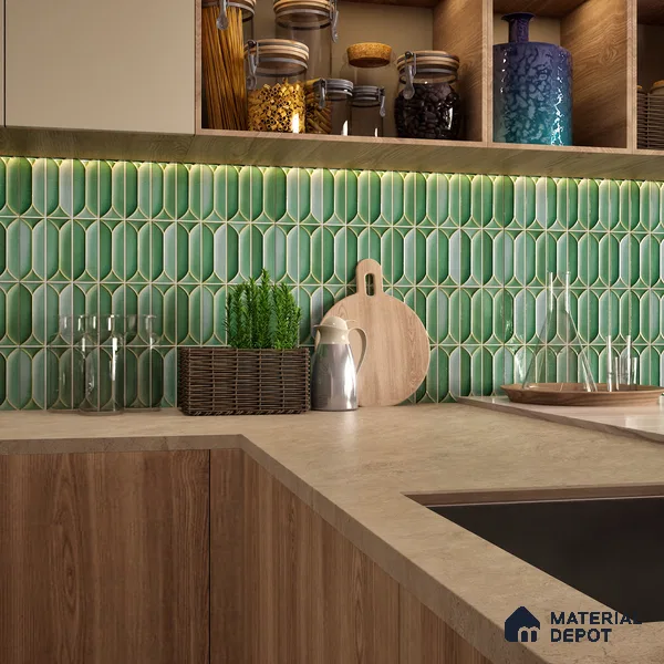 Faux Subway Wall Tile TL 04688 E Capsule Solara Saxon Green 2 ft x 1 ft Ceramic Glossy Finish - 9 mm | Suitable For Kitchen, Bathroom Walls and Backsplashes | Please Expect a Slight Variation of Pattern (Sample)