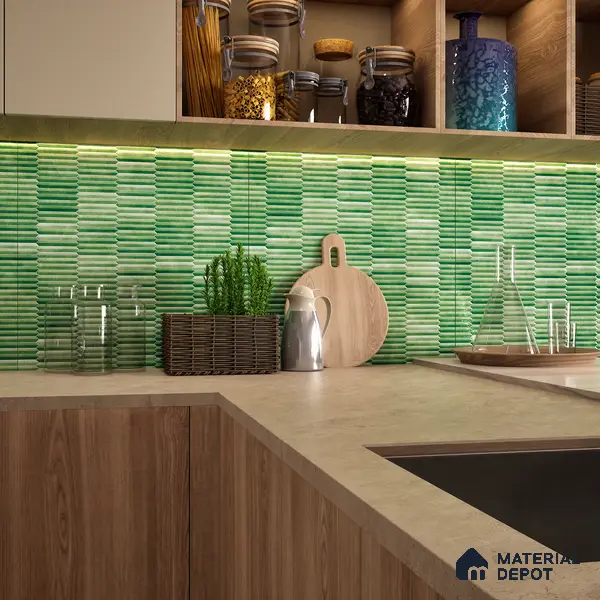 Faux Subway Wall Tile TL 04689 E Pencil Kitkat Solara Spring Green 2 ft x 1 ft Ceramic Glossy Finish - 9 mm | Suitable For Kitchen, Bathroom Walls and Backsplashes | Please Expect a Slight Variation of Pattern
