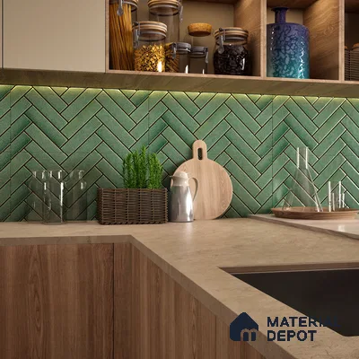 Faux Subway Wall Tile TL 04684 B Herringbone Solara Amery Blue 2 ft x 1 ft Ceramic Glossy Finish - 9 mm | Suitable For Kitchen, Bathroom Walls and Backsplashes | Please Expect a Slight Variation of Pattern (Sample)