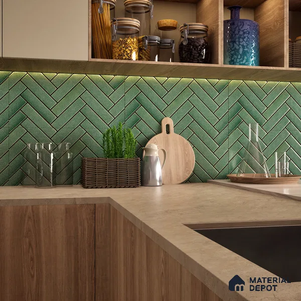 Faux Subway Wall Tile TL 04684 B Herringbone Solara Amery Blue 2 ft x 1 ft Ceramic Glossy Finish - 9 mm | Suitable For Kitchen, Bathroom Walls and Backsplashes | Please Expect a Slight Variation of Pattern (Sample)