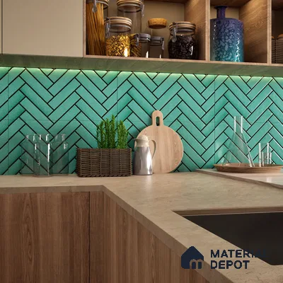 Faux Subway Wall Tile TL 04684 C Herringbone Solara Starwood Blue 2 ft x 1 ft Ceramic Glossy Finish - 9 mm | Suitable For Kitchen, Bathroom Walls and Backsplashes | Please Expect a Slight Variation of Pattern (Sample)