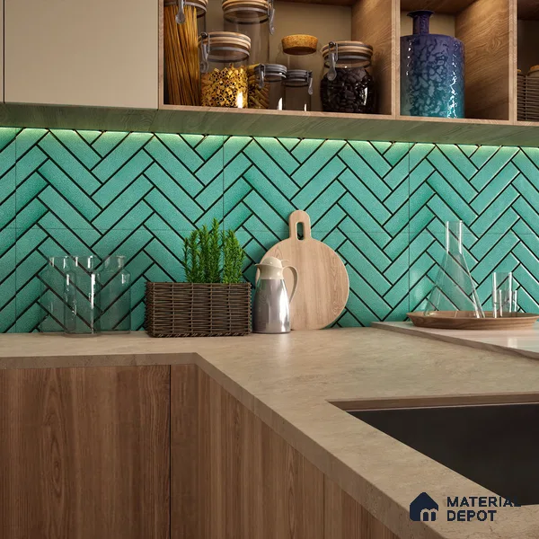 Faux Subway Wall Tile TL 04684 C Herringbone Solara Starwood Blue 2 ft x 1 ft Ceramic Glossy Finish - 9 mm | Suitable For Kitchen, Bathroom Walls and Backsplashes | Please Expect a Slight Variation of Pattern (Sample)