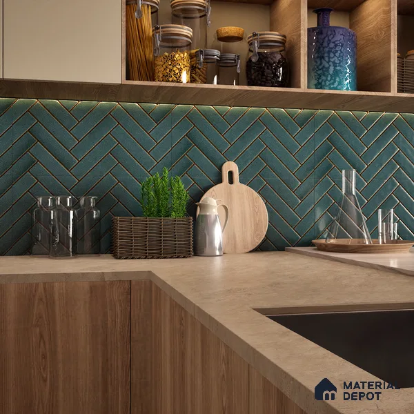 Faux Subway Wall Tile TL 04684 D Herringbone Solara Midnight Blue 2 ft x 1 ft Ceramic Glossy Finish - 9 mm | Suitable For Kitchen, Bathroom Walls and Backsplashes | Please Expect a Slight Variation of Pattern (Sample)