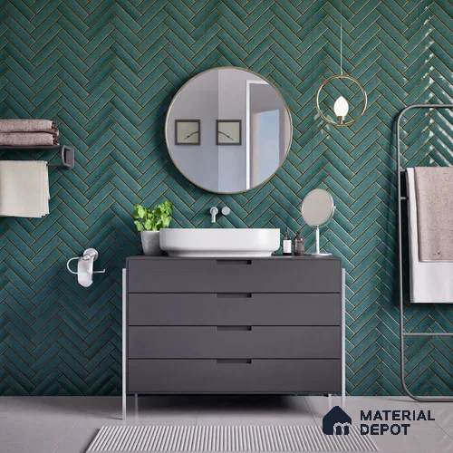 Faux Subway Wall Tile TL 04684 D Herringbone Solara Midnight Blue 2 ft x 1 ft Ceramic Glossy Finish - 9 mm | Suitable For Kitchen, Bathroom Walls and Backsplashes | Please Expect a Slight Variation of Pattern