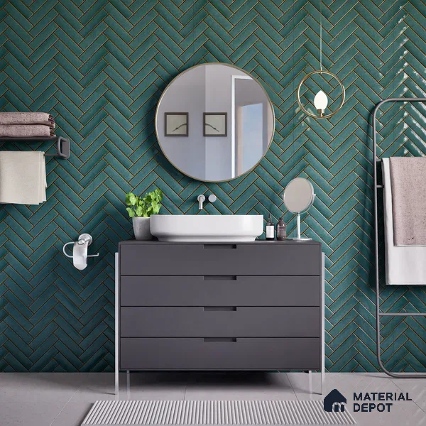 Faux Subway Wall Tile TL 04684 D Herringbone Solara Midnight Blue 2 ft x 1 ft Ceramic Glossy Finish - 9 mm | Suitable For Kitchen, Bathroom Walls and Backsplashes | Please Expect a Slight Variation of Pattern (Sample)