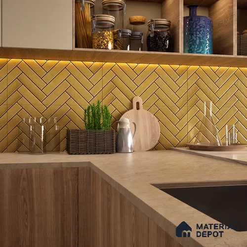 Faux Subway Wall Tile TL 04684 E Herringbone Solara Brown Olive 2 ft x 1 ft Ceramic Glossy Finish - 9 mm | Suitable For Kitchen, Bathroom Walls and Backsplashes | Please Expect a Slight Variation of Pattern