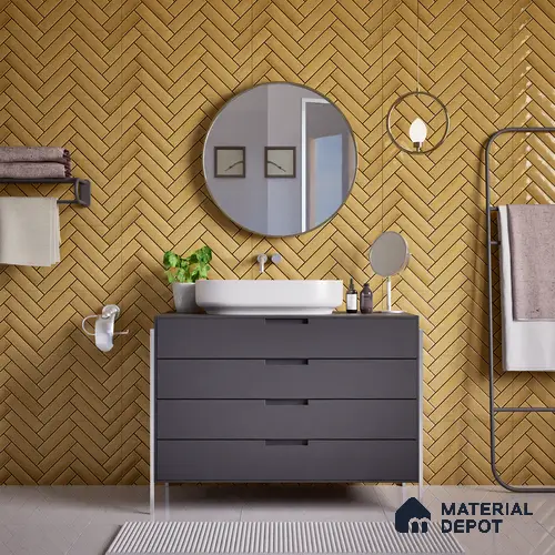 Faux Subway Wall Tile TL 04684 E Herringbone Solara Brown Olive 2 ft x 1 ft Ceramic Glossy Finish - 9 mm | Suitable For Kitchen, Bathroom Walls and Backsplashes | Please Expect a Slight Variation of Pattern